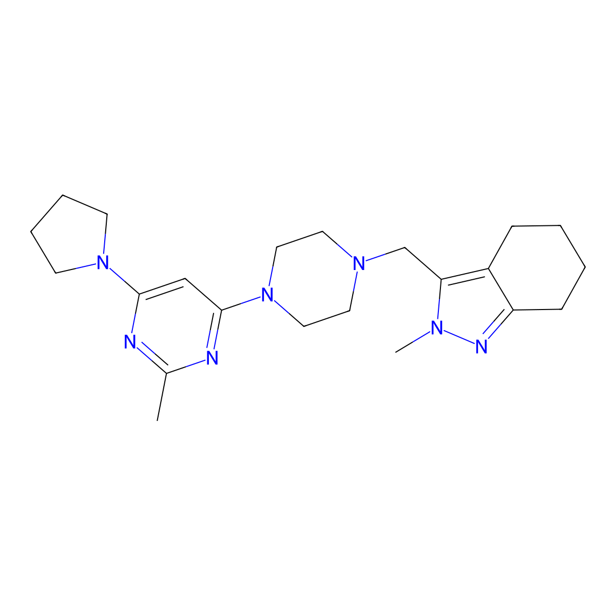 2-methyl-3-({4-[2-methyl-6-(pyrrolidin-1-yl)pyrimidin-4-yl]piperazin-1-yl}methyl)-4,5,6,7-tetrahydro-2H-indazole molecular structure, CAS 2741907-37-7