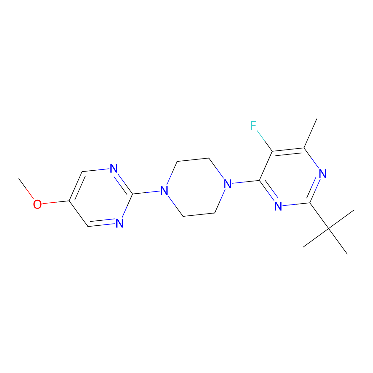 2-Tert-butyl-5-fluoro-4-[4-(5-methoxypyrimidin-2-yl)piperazin-1-yl]-6-methylpyrimidine molecular structure, CAS 2741907-53-7