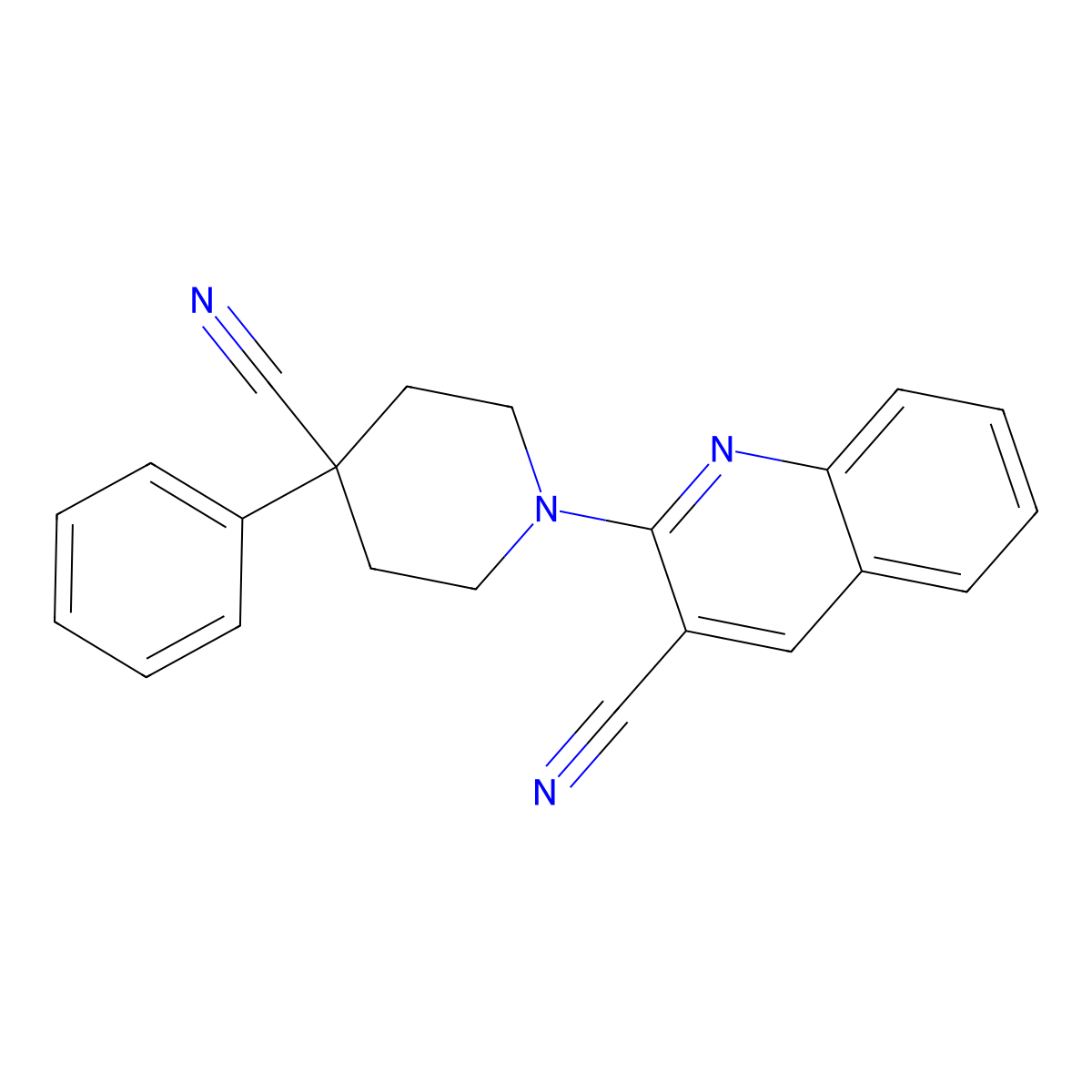 2-(4-Cyano-4-phenylpiperidin-1-yl)quinoline-3-carbonitrile molecular structure, CAS 2741907-59-3