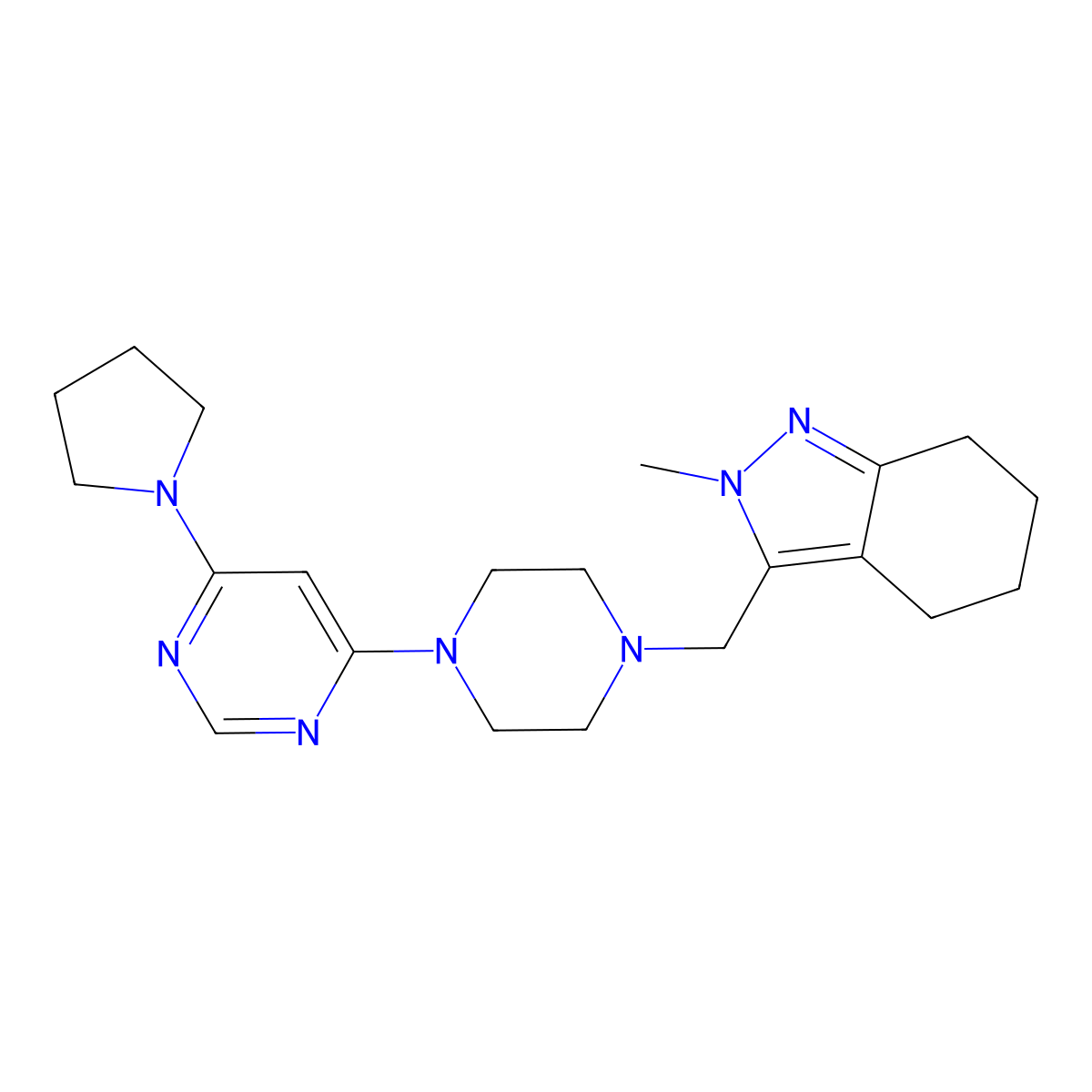 2-methyl-3-({4-[6-(pyrrolidin-1-yl)pyrimidin-4-yl]piperazin-1-yl}methyl)-4,5,6,7-tetrahydro-2H-indazole molecular structure, CAS 2741907-67-3