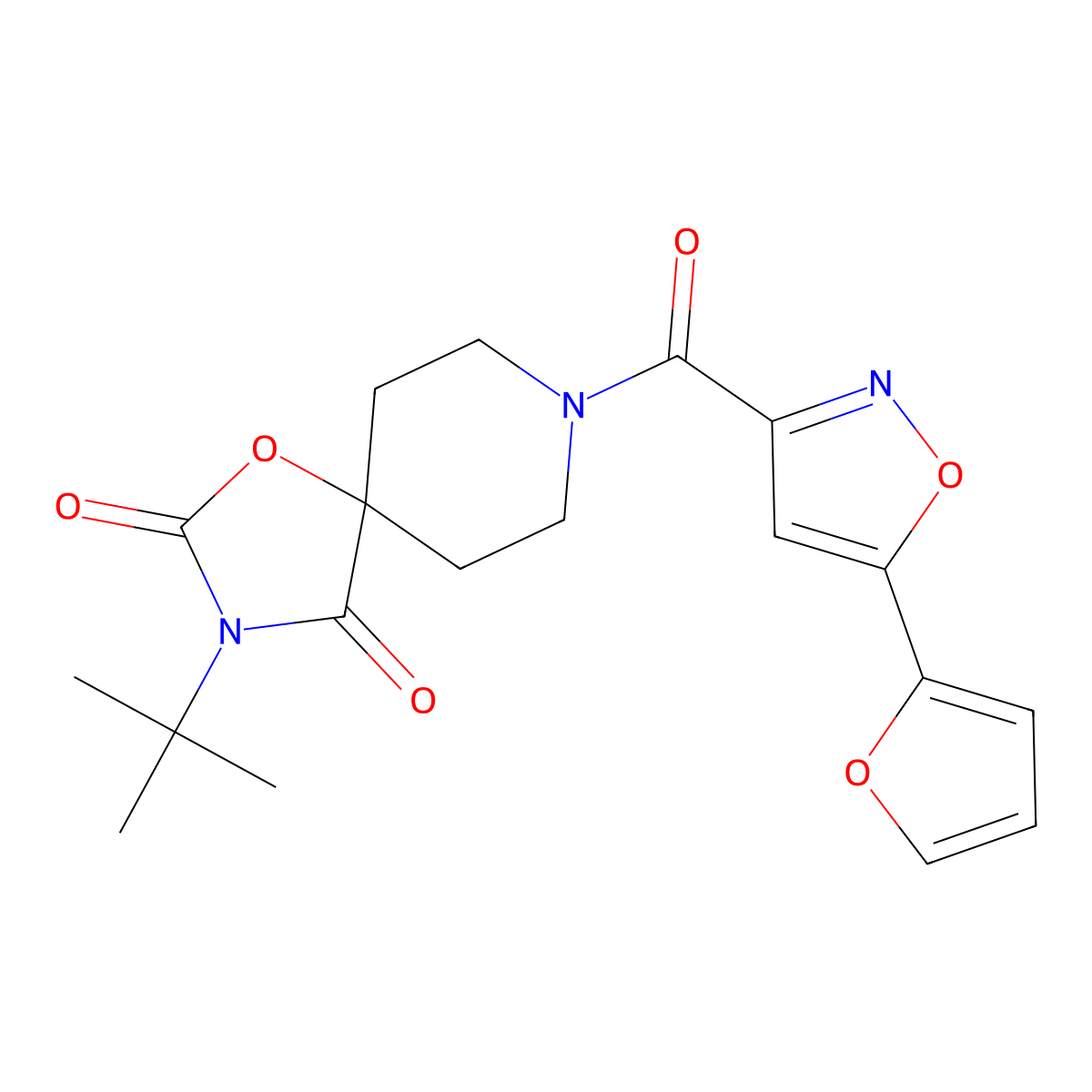 3-Tert-butyl-8-[5-(furan-2-yl)-1,2-oxazole-3-carbonyl]-1-oxa-3,8-diazaspiro[4.5]decane-2,4-dione molecular structure, CAS 2741907-68-4