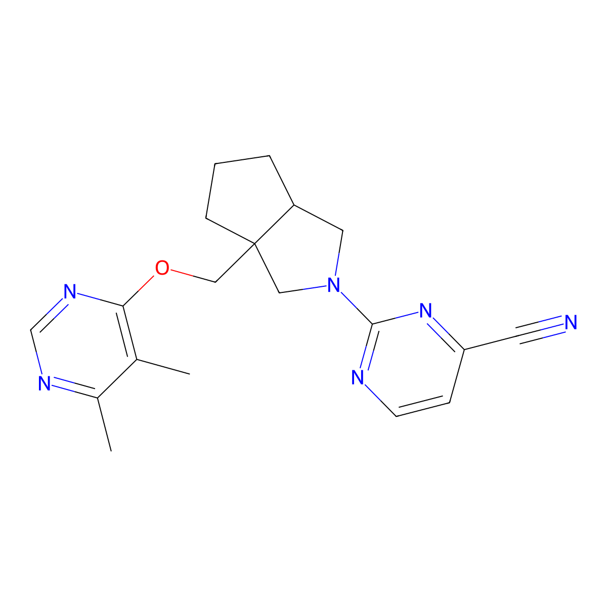 2-(3a-{[(5,6-Dimethylpyrimidin-4-yl)oxy]methyl}-octahydrocyclopenta[c]pyrrol-2-yl)pyrimidine-4-carbonitrile molecular structure, CAS 2741907-70-8