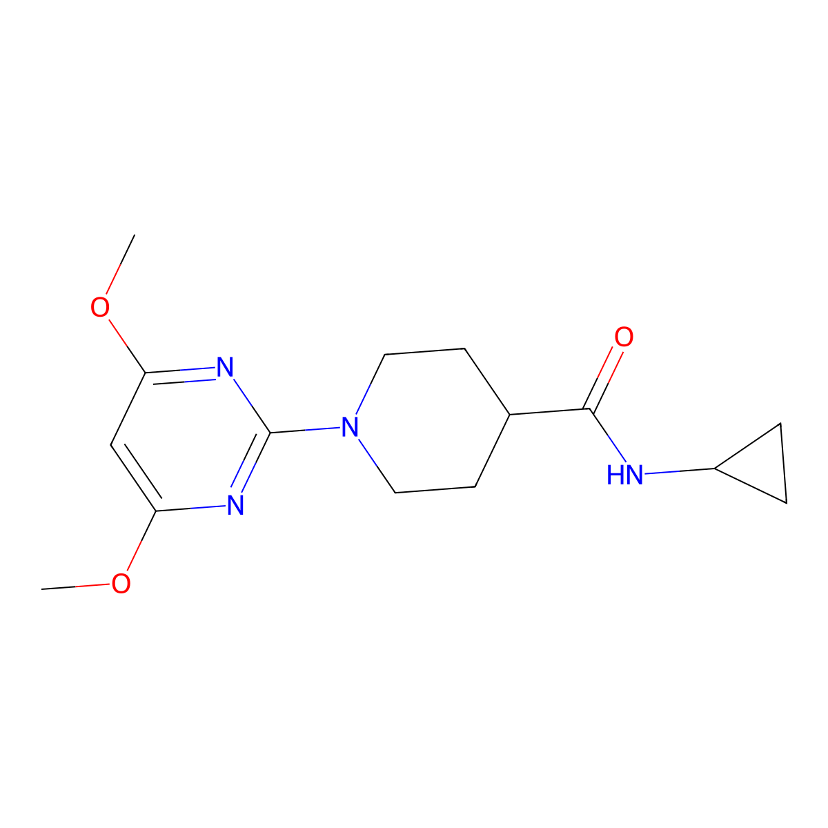 N-cyclopropyl-1-(4,6-dimethoxypyrimidin-2-yl)piperidine-4-carboxamide molecular structure, CAS 2741907-72-0