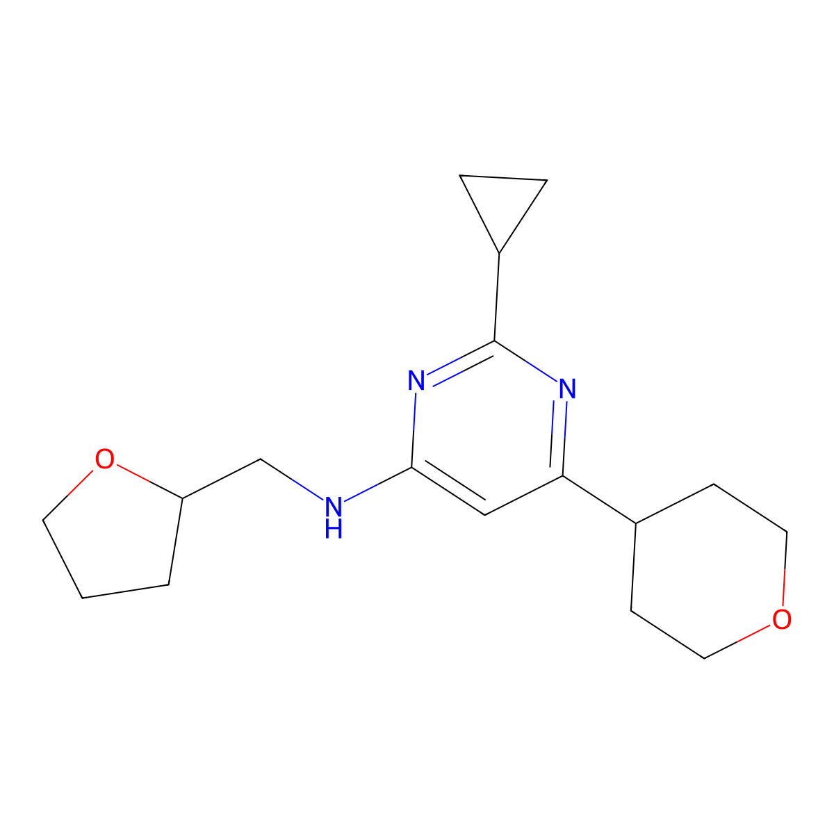 2-cyclopropyl-6-(oxan-4-yl)-N-[(oxolan-2-yl)methyl]pyrimidin-4-amine molecular structure, CAS 2741907-88-8