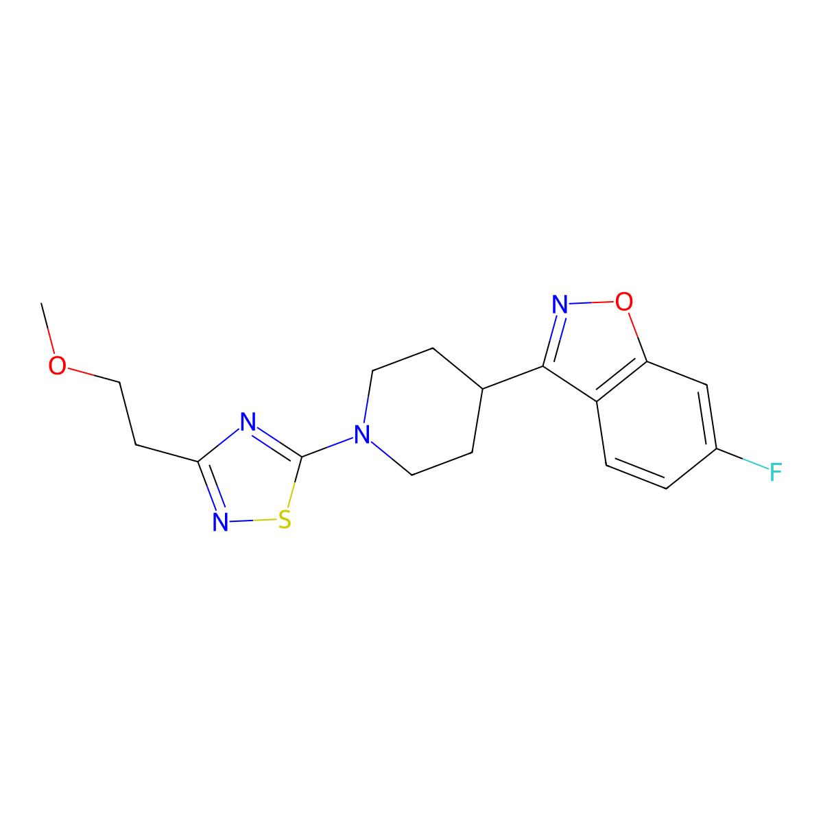 6-Fluoro-3-{1-[3-(2-methoxyethyl)-1,2,4-thiadiazol-5-yl]piperidin-4-yl}-1,2-benzoxazole molecular structure, CAS 2741907-94-6