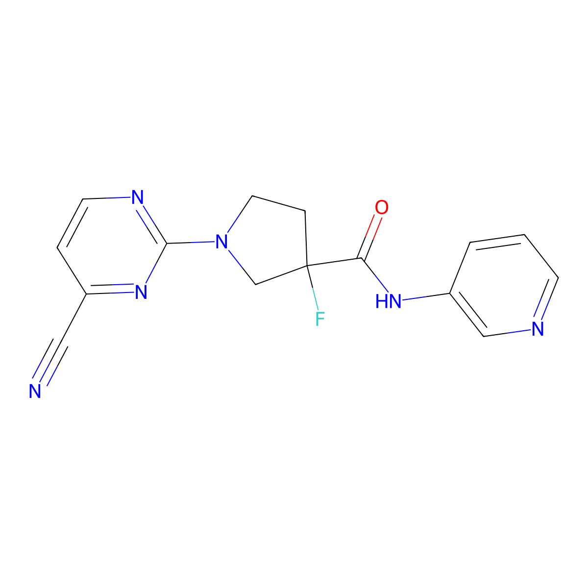 1-(4-cyanopyrimidin-2-yl)-3-fluoro-N-(pyridin-3-yl)pyrrolidine-3-carboxamide molecular structure, CAS 2741907-98-0