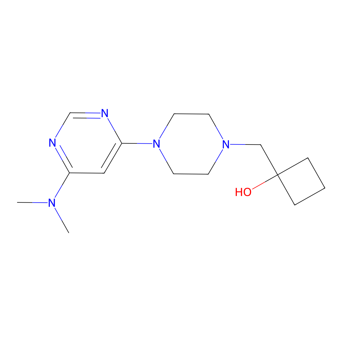 1-({4-[6-(Dimethylamino)pyrimidin-4-yl]piperazin-1-yl}methyl)cyclobutan-1-ol molecular structure, CAS 2741908-00-7