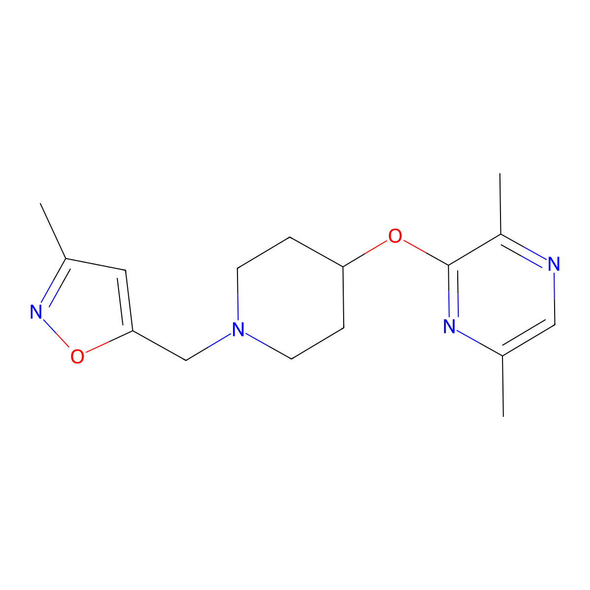 2,5-Dimethyl-3-({1-[(3-methyl-1,2-oxazol-5-yl)methyl]piperidin-4-yl}oxy)pyrazine molecular structure, CAS 2741908-10-9
