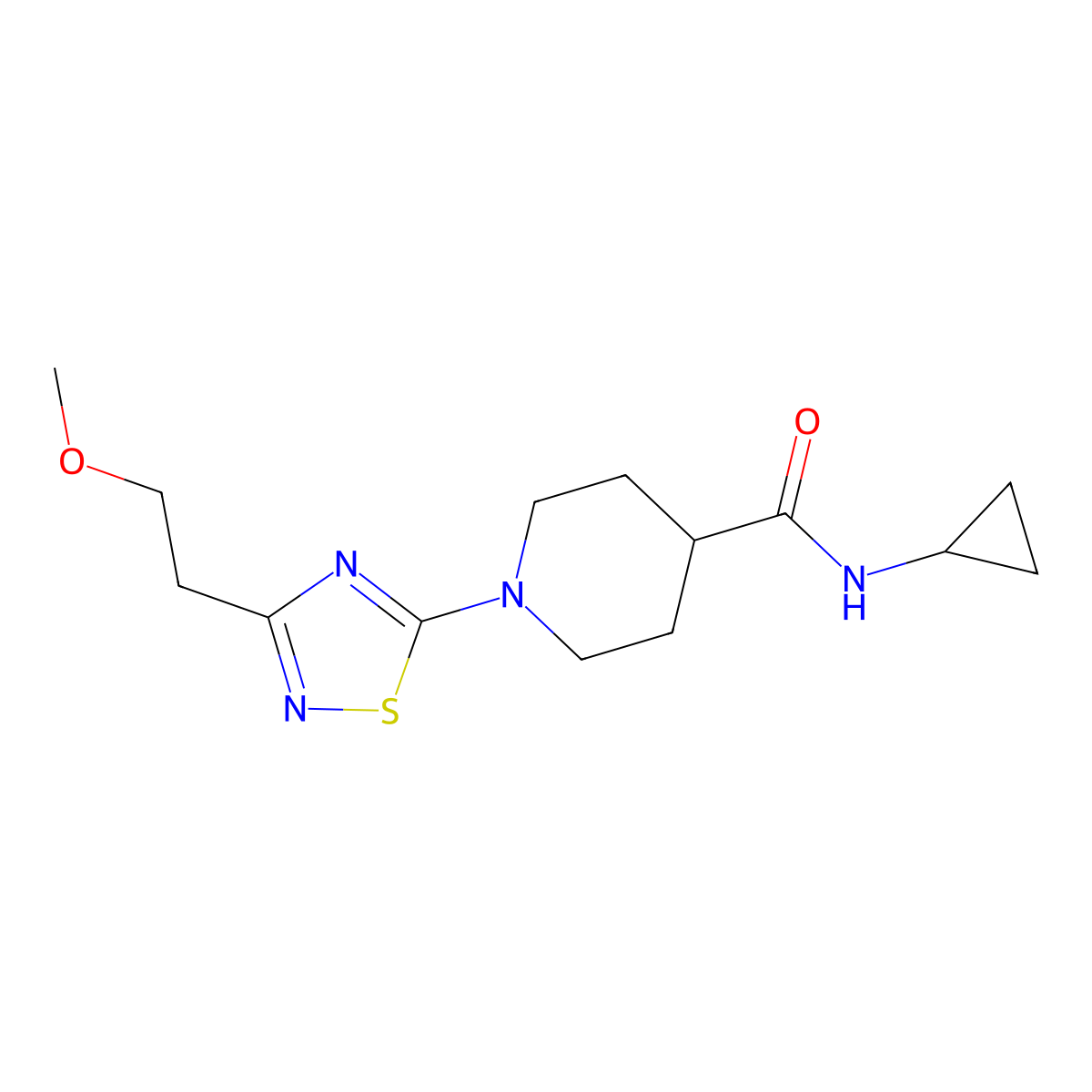N-cyclopropyl-1-[3-(2-methoxyethyl)-1,2,4-thiadiazol-5-yl]piperidine-4-carboxamide molecular structure, CAS 2741908-13-2