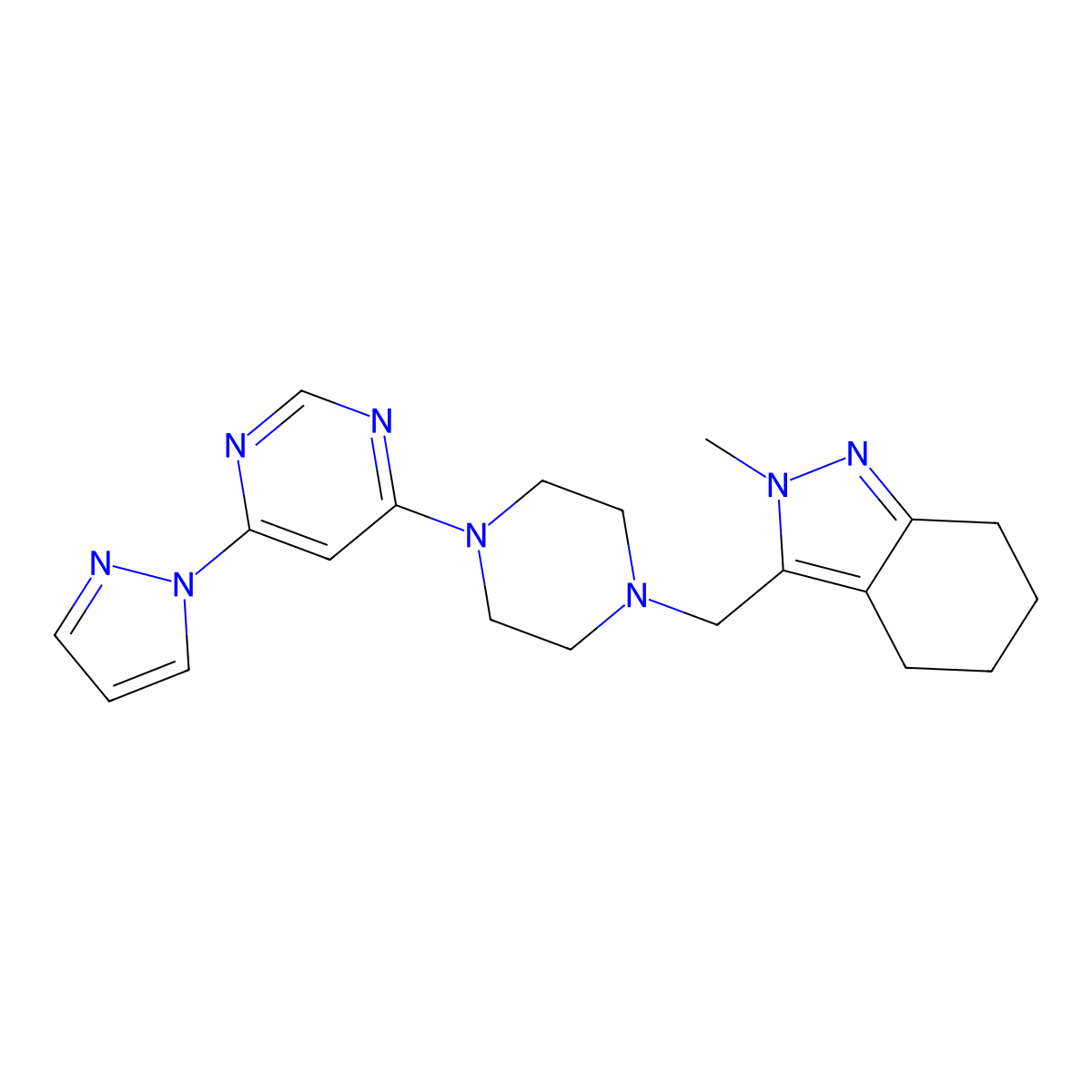 2-methyl-3-({4-[6-(1H-pyrazol-1-yl)pyrimidin-4-yl]piperazin-1-yl}methyl)-4,5,6,7-tetrahydro-2H-indazole molecular structure, CAS 2741908-28-9