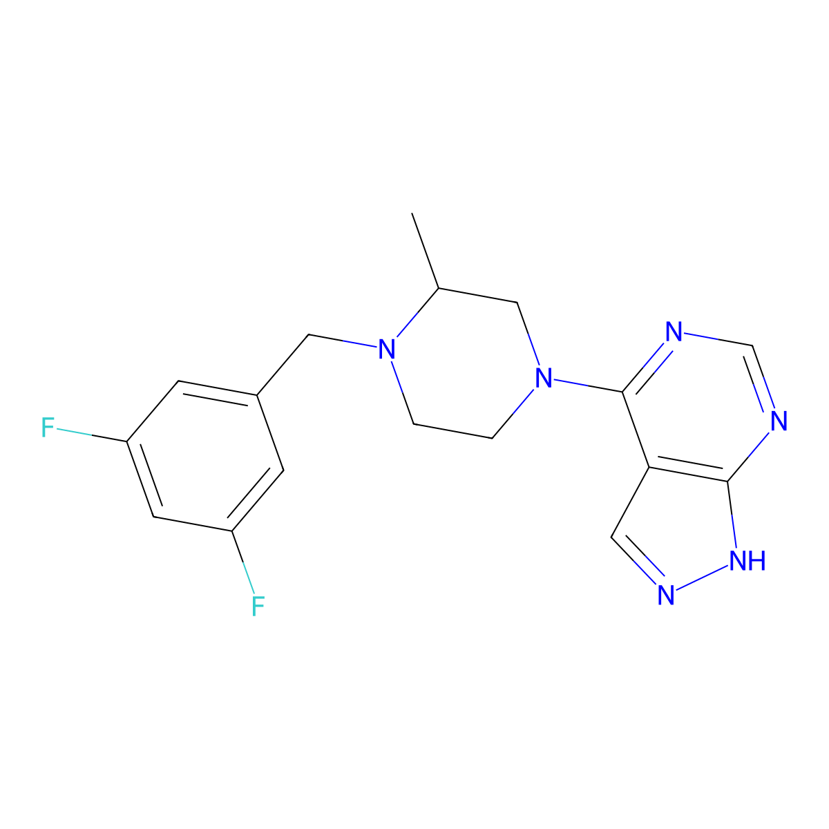 1-[(3,5-difluorophenyl)methyl]-2-methyl-4-{1H-pyrazolo[3,4-d]pyrimidin-4-yl}piperazine molecular structure, CAS 2741908-33-6