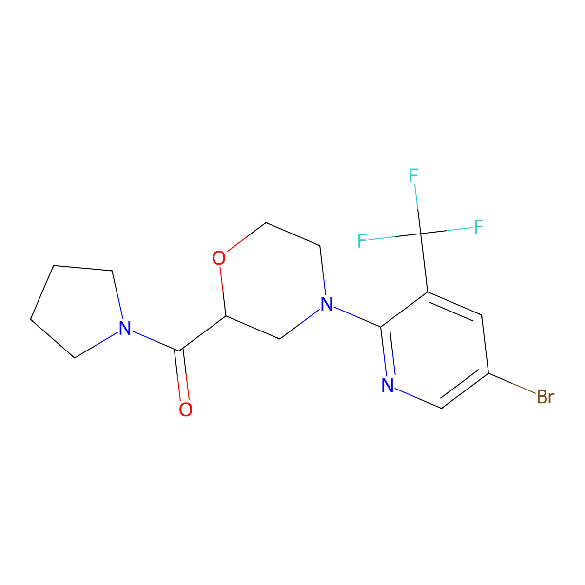 4-[5-Bromo-3-(trifluoromethyl)pyridin-2-yl]-2-(pyrrolidine-1-carbonyl)morpholine molecular structure, CAS 2741908-39-2