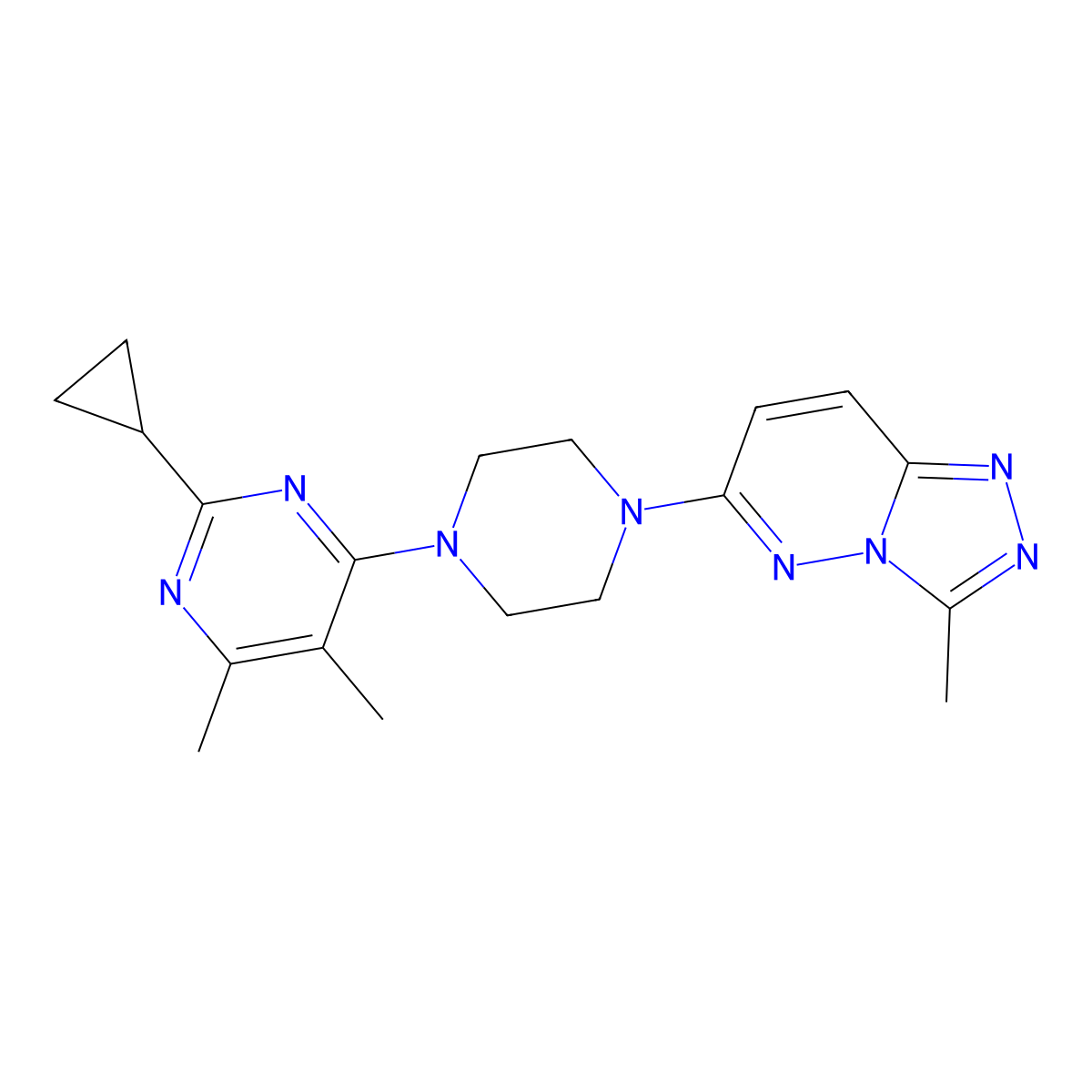 2-Cyclopropyl-4,5-dimethyl-6-(4-{3-methyl-[1,2,4]triazolo[4,3-b]pyridazin-6-yl}piperazin-1-yl)pyrimidine molecular structure, CAS 2741908-40-5
