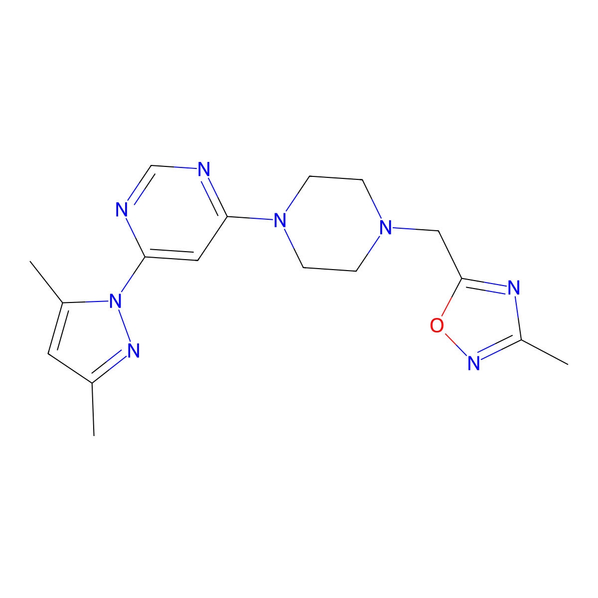 4-(3,5-dimethyl-1H-pyrazol-1-yl)-6-{4-[(3-methyl-1,2,4-oxadiazol-5-yl)methyl]piperazin-1-yl}pyrimidine molecular structure, CAS 2741908-42-7