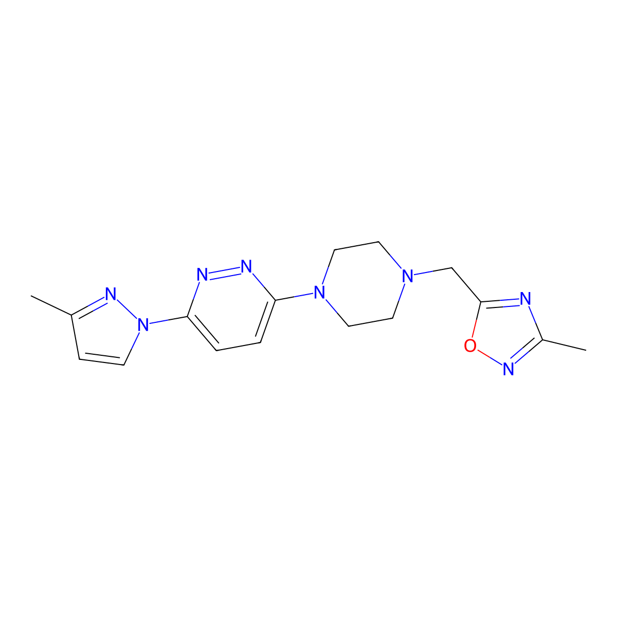 3-{4-[(3-methyl-1,2,4-oxadiazol-5-yl)methyl]piperazin-1-yl}-6-(3-methyl-1H-pyrazol-1-yl)pyridazine molecular structure, CAS 2741908-44-9