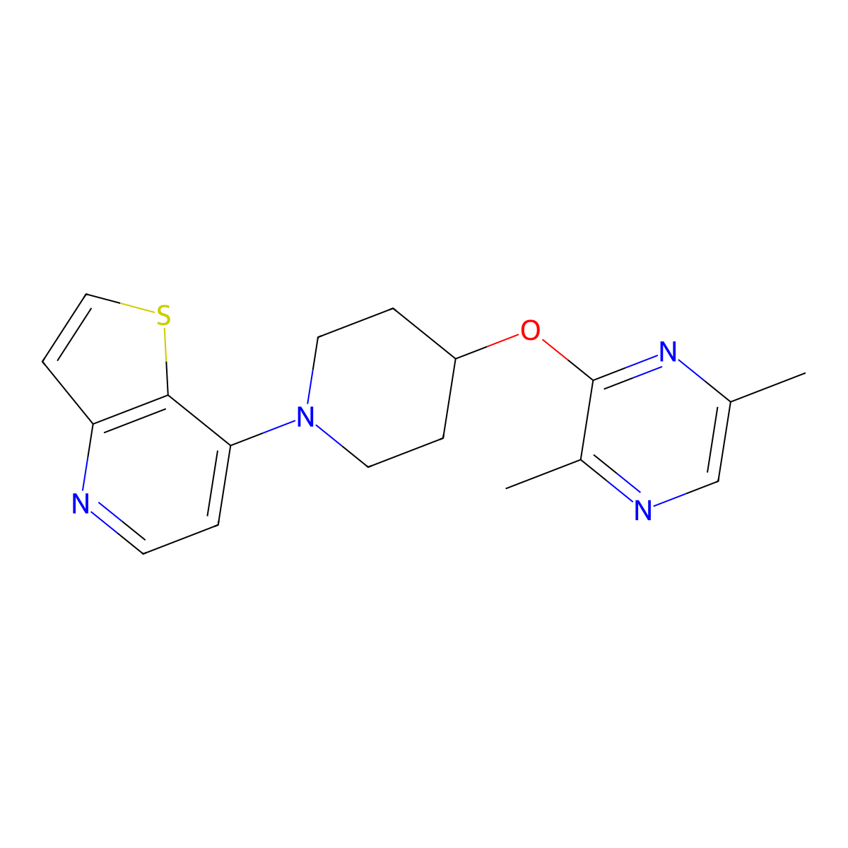 2,5-Dimethyl-3-[(1-{thieno[3,2-b]pyridin-7-yl}piperidin-4-yl)oxy]pyrazine molecular structure, CAS 2741908-46-1