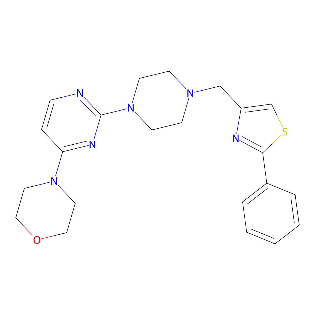 4-(2-{4-[(2-Phenyl-1,3-thiazol-4-yl)methyl]piperazin-1-yl}pyrimidin-4-yl)morpholine molecular structure, CAS 2741908-47-2