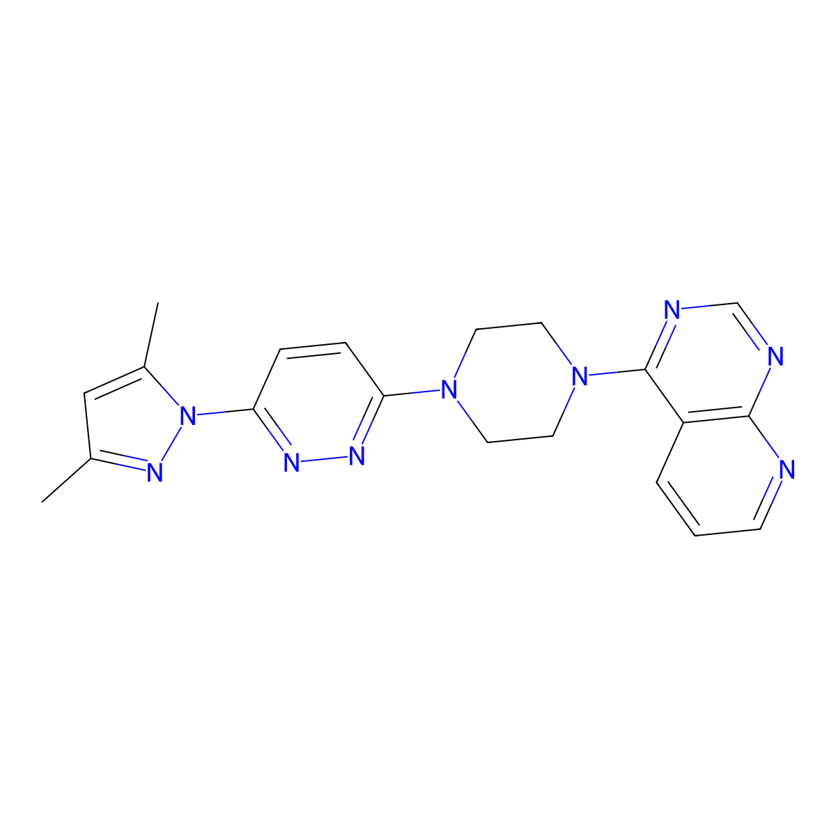 3-(3,5-dimethyl-1H-pyrazol-1-yl)-6-(4-{pyrido[2,3-d]pyrimidin-4-yl}piperazin-1-yl)pyridazine molecular structure, CAS 2741908-50-7