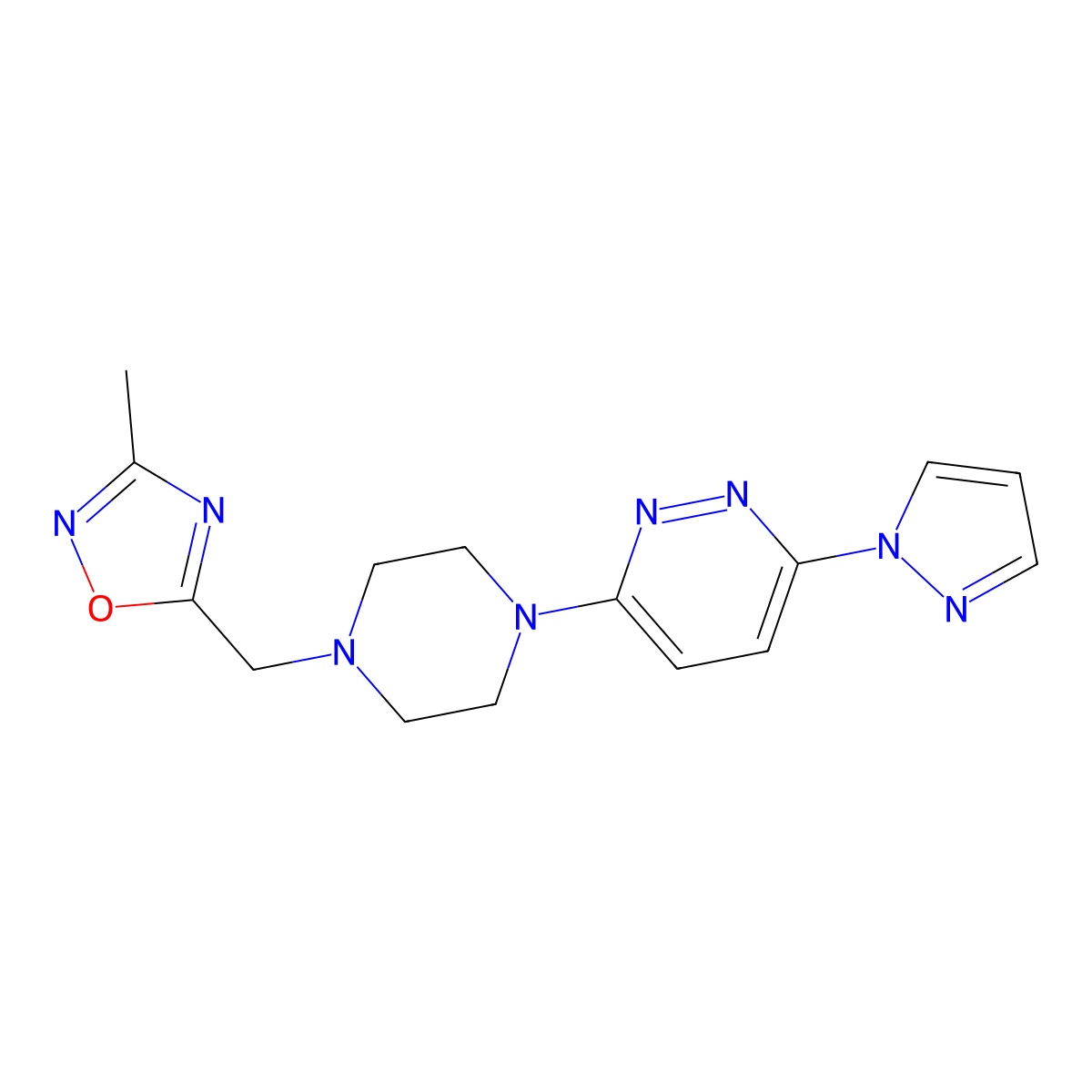 3-{4-[(3-methyl-1,2,4-oxadiazol-5-yl)methyl]piperazin-1-yl}-6-(1H-pyrazol-1-yl)pyridazine molecular structure, CAS 2741908-51-8