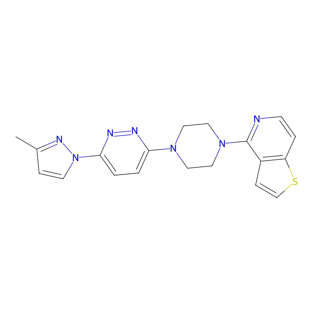 3-(3-methyl-1H-pyrazol-1-yl)-6-(4-{thieno[3,2-c]pyridin-4-yl}piperazin-1-yl)pyridazine molecular structure, CAS 2741908-53-0