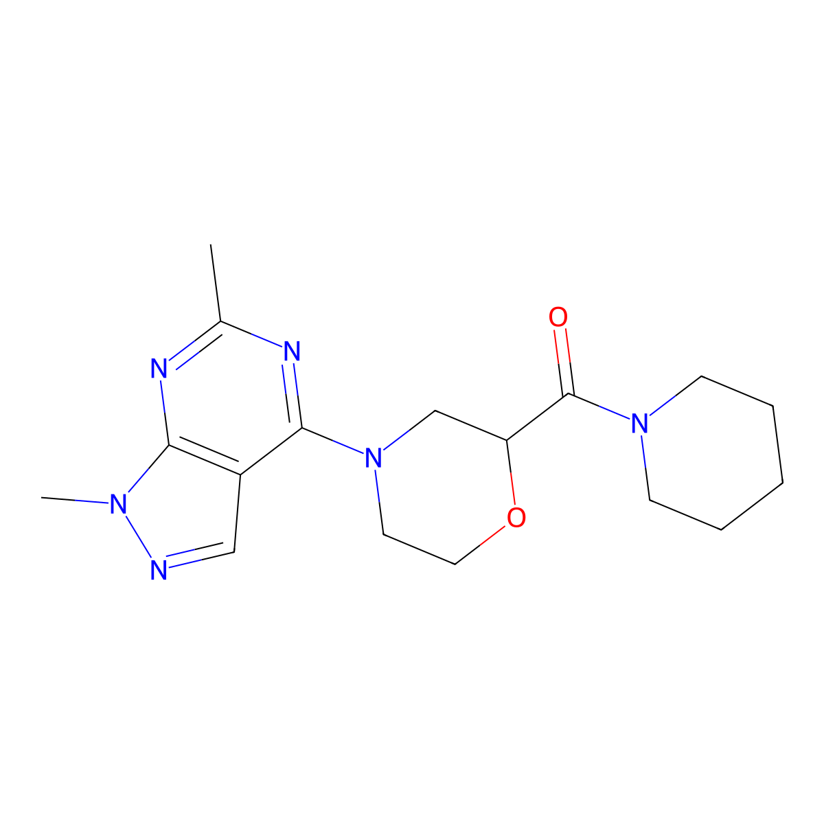 4-{1,6-dimethyl-1H-pyrazolo[3,4-d]pyrimidin-4-yl}-2-(piperidine-1-carbonyl)morpholine molecular structure, CAS 2741908-55-2
