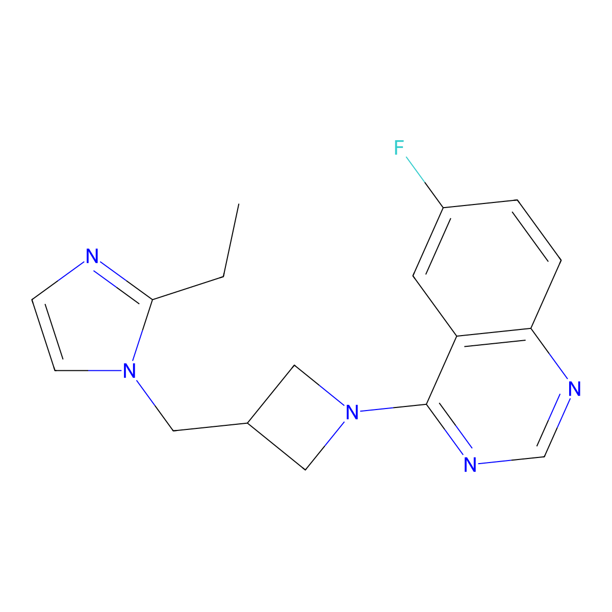 4-{3-[(2-ethyl-1H-imidazol-1-yl)methyl]azetidin-1-yl}-6-fluoroquinazoline molecular structure, CAS 2741908-60-9