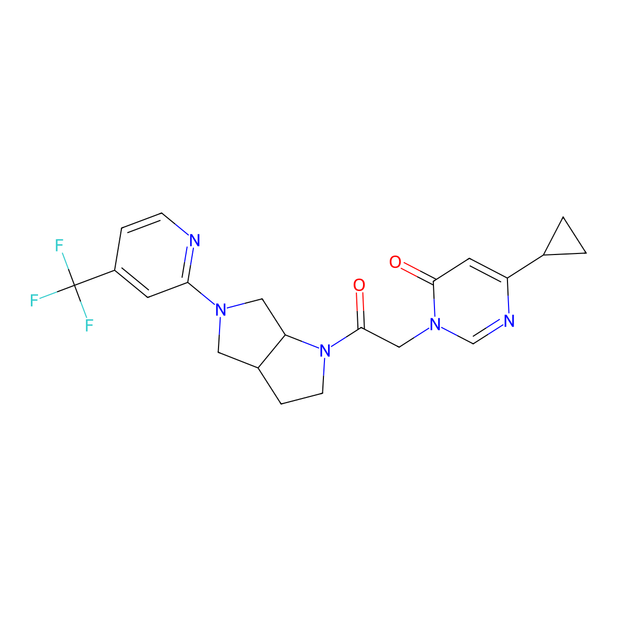 6-Cyclopropyl-3-(2-oxo-2-{5-[4-(trifluoromethyl)pyridin-2-yl]-octahydropyrrolo[3,4-b]pyrrol-1-yl}ethyl)-3,4-dihydropyrimidin-4-one molecular structure, CAS 2741908-67-6