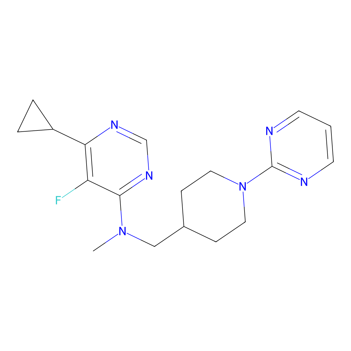 6-cyclopropyl-5-fluoro-N-methyl-N-{[1-(pyrimidin-2-yl)piperidin-4-yl]methyl}pyrimidin-4-amine molecular structure, CAS 2741908-69-8