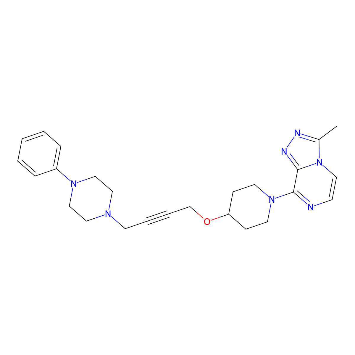 1-{4-[(1-{3-Methyl-[1,2,4]triazolo[4,3-a]pyrazin-8-yl}piperidin-4-yl)oxy]but-2-yn-1-yl}-4-phenylpiperazine molecular structure, CAS 2741908-70-1