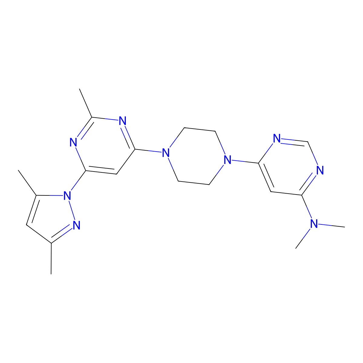 6-{4-[6-(3,5-dimethyl-1H-pyrazol-1-yl)-2-methylpyrimidin-4-yl]piperazin-1-yl}-N,N-dimethylpyrimidin-4-amine molecular structure, CAS 2741908-71-2