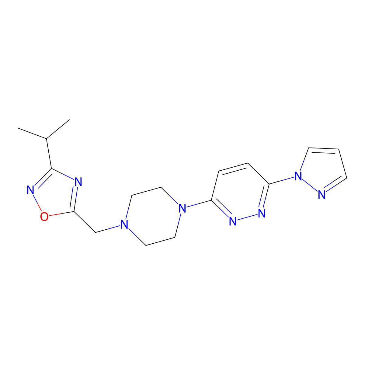 3-(4-{[3-(propan-2-yl)-1,2,4-oxadiazol-5-yl]methyl}piperazin-1-yl)-6-(1H-pyrazol-1-yl)pyridazine molecular structure, CAS 2741908-74-5
