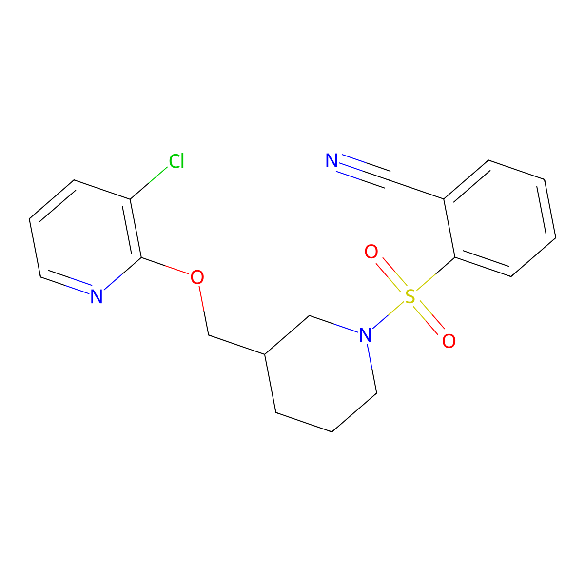 2-[(3-{[(3-Chloropyridin-2-yl)oxy]methyl}piperidin-1-yl)sulfonyl]benzonitrile molecular structure, CAS 2741908-93-8