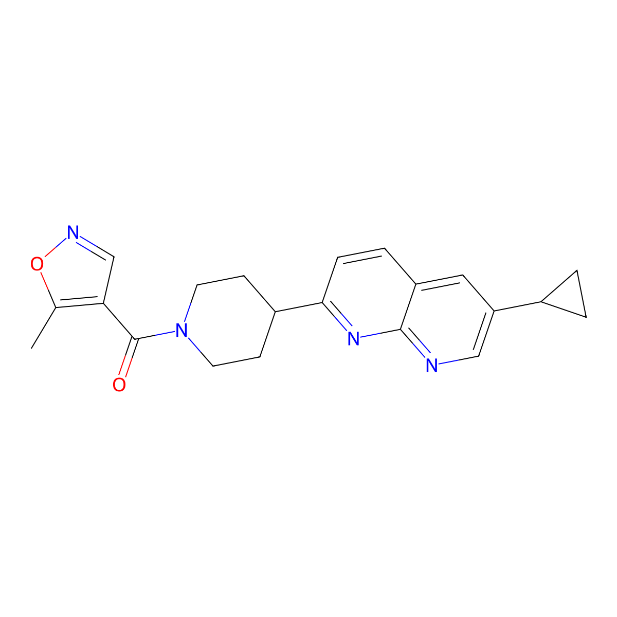 6-Cyclopropyl-2-[1-(5-methyl-1,2-oxazole-4-carbonyl)piperidin-4-yl]-1,8-naphthyridine molecular structure, CAS 2741908-97-2