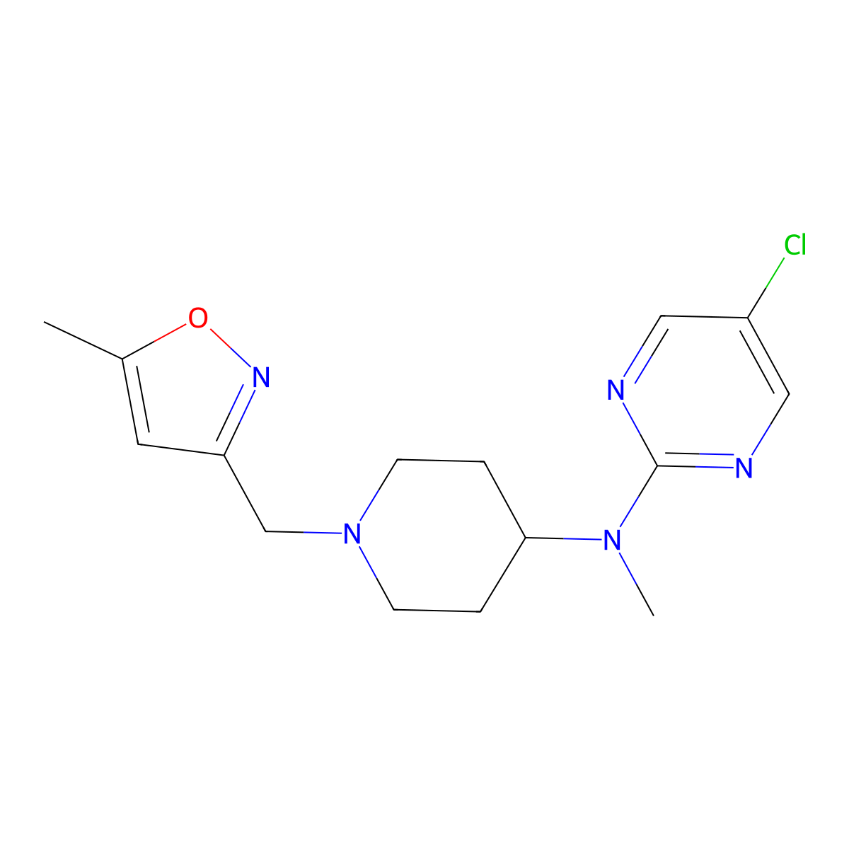 5-chloro-N-methyl-N-{1-[(5-methyl-1,2-oxazol-3-yl)methyl]piperidin-4-yl}pyrimidin-2-amine molecular structure, CAS 2741908-98-3