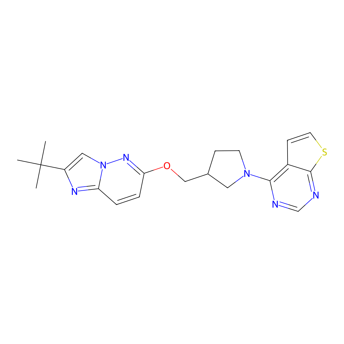 3-[({2-Tert-butylimidazo[1,2-b]pyridazin-6-yl}oxy)methyl]-1-{thieno[2,3-d]pyrimidin-4-yl}pyrrolidine molecular structure, CAS 2741909-98-6