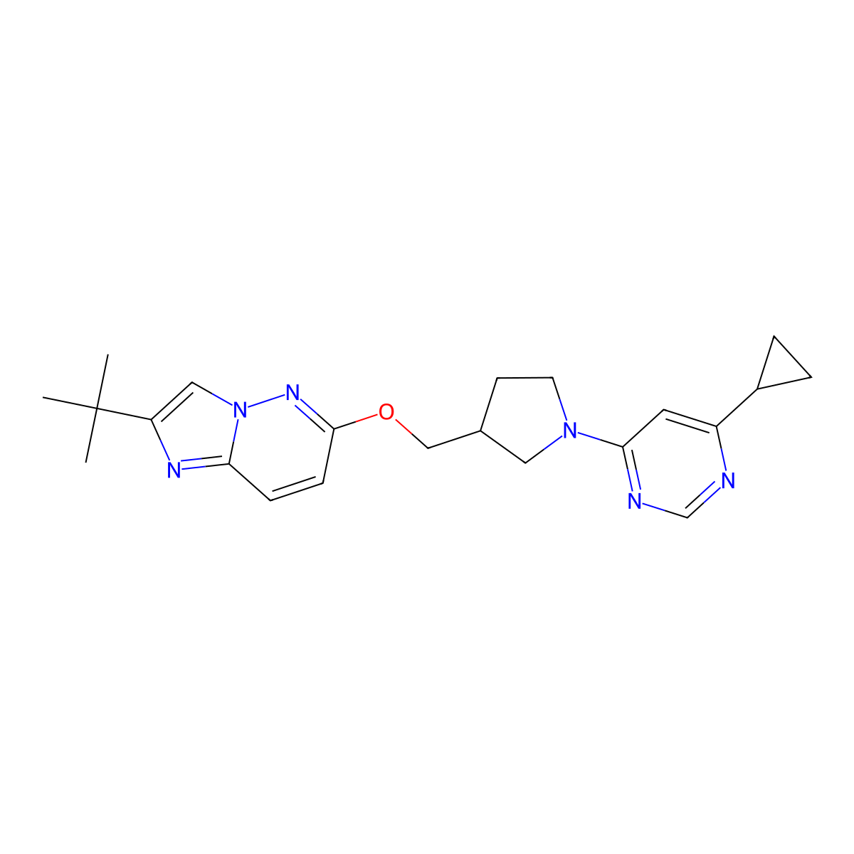 4-{3-[({2-Tert-butylimidazo[1,2-b]pyridazin-6-yl}oxy)methyl]pyrrolidin-1-yl}-6-cyclopropylpyrimidine molecular structure, CAS 2741909-99-7
