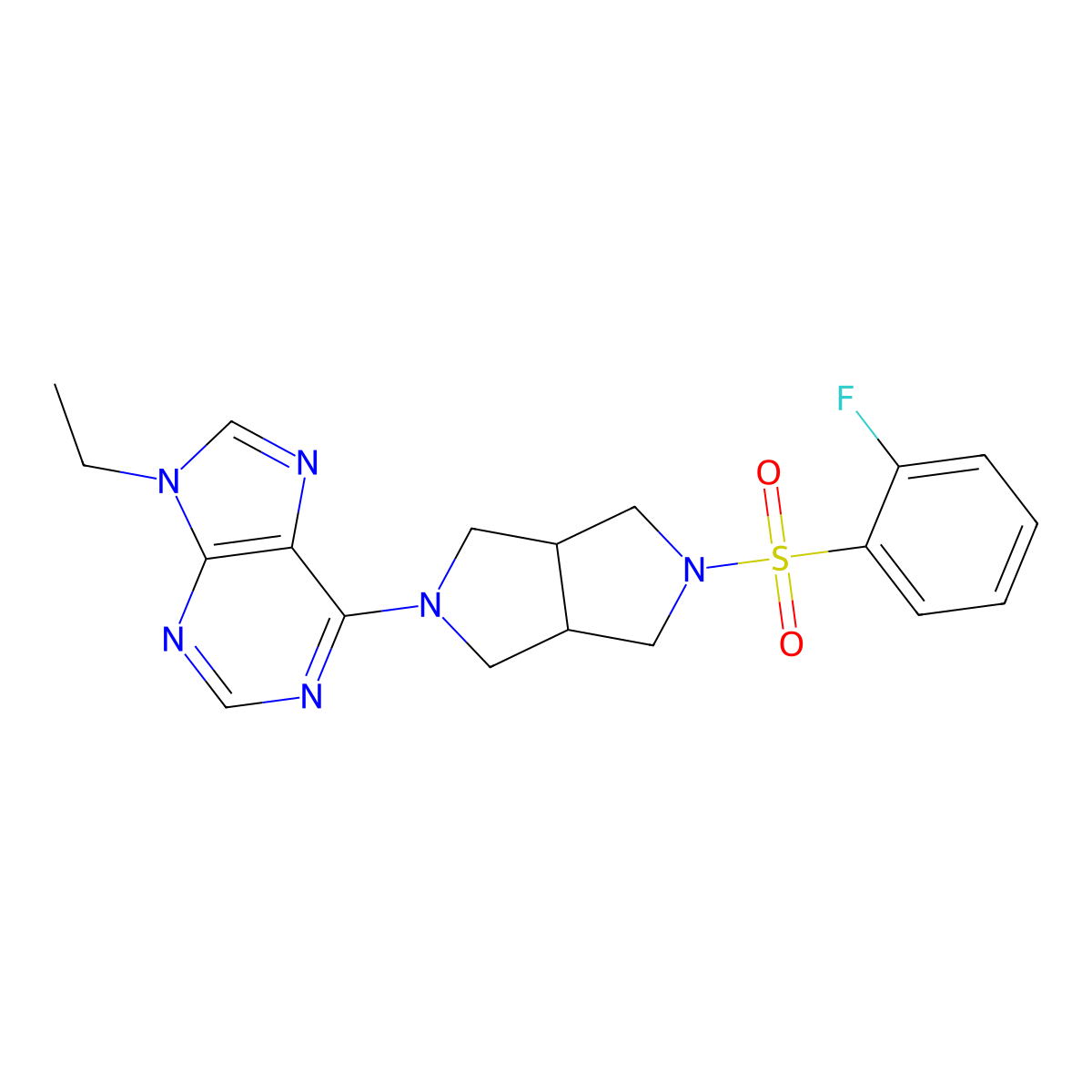 9-ethyl-6-[5-(2-fluorobenzenesulfonyl)-octahydropyrrolo[3,4-c]pyrrol-2-yl]-9H-purine molecular structure, CAS 2741910-01-8