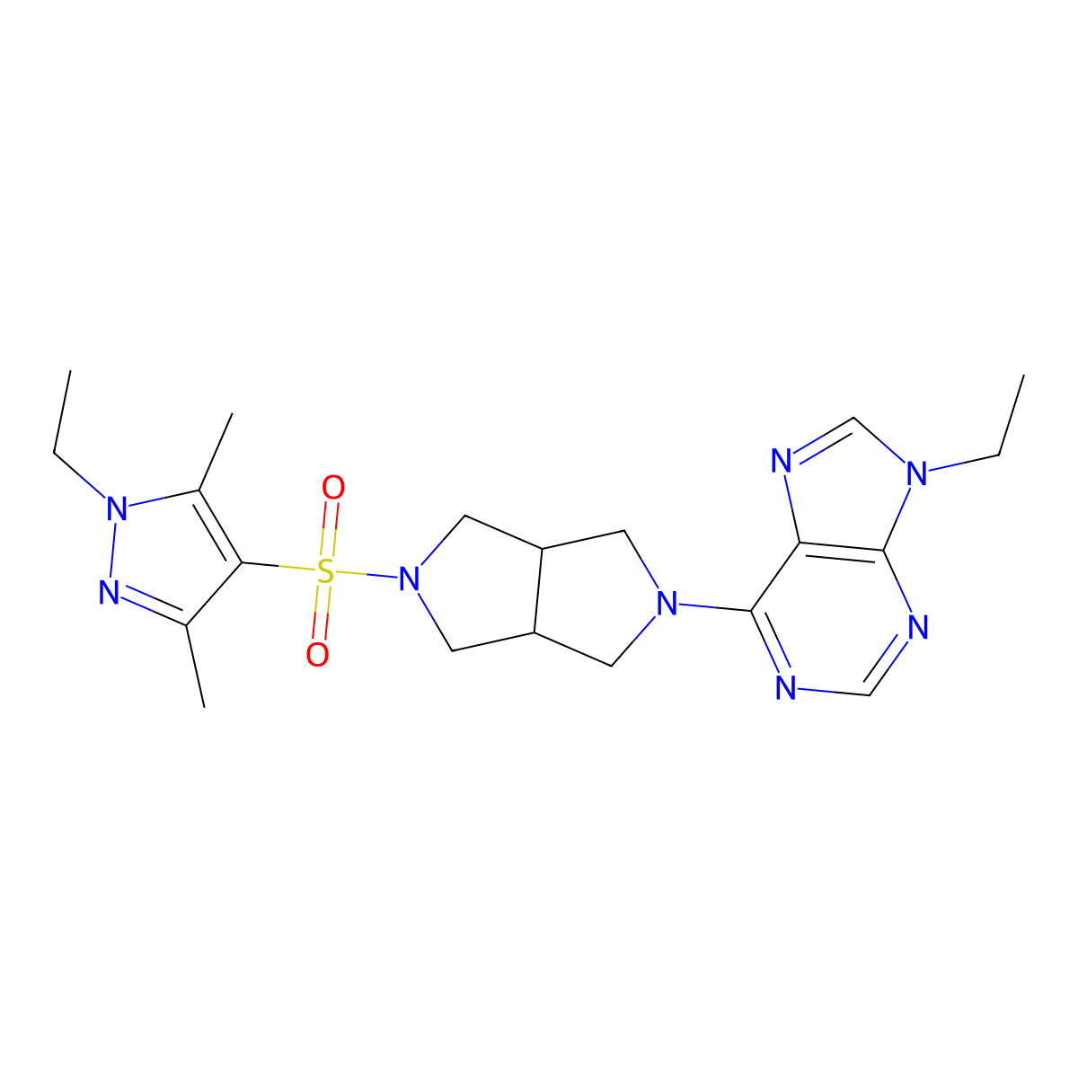 9-ethyl-6-{5-[(1-ethyl-3,5-dimethyl-1H-pyrazol-4-yl)sulfonyl]-octahydropyrrolo[3,4-c]pyrrol-2-yl}-9H-purine molecular structure, CAS 2741910-05-2
