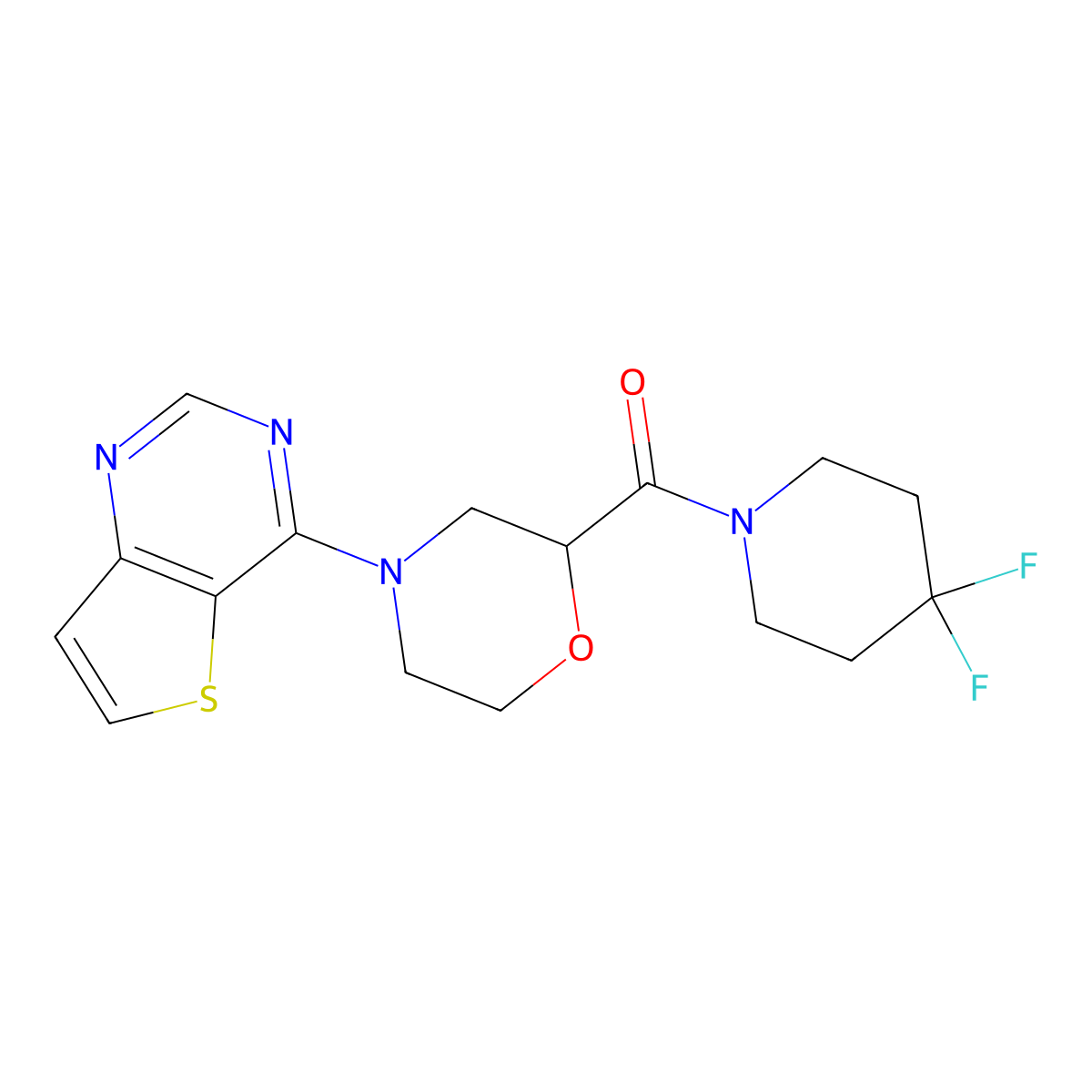 2-(4,4-Difluoropiperidine-1-carbonyl)-4-{thieno[3,2-d]pyrimidin-4-yl}morpholine molecular structure, CAS 2741910-08-5