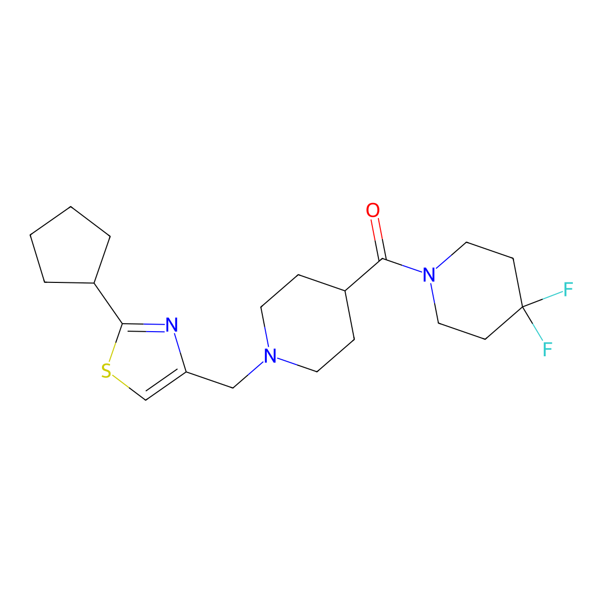 1-{1-[(2-Cyclopentyl-1,3-thiazol-4-yl)methyl]piperidine-4-carbonyl}-4,4-difluoropiperidine molecular structure, CAS 2741910-14-3