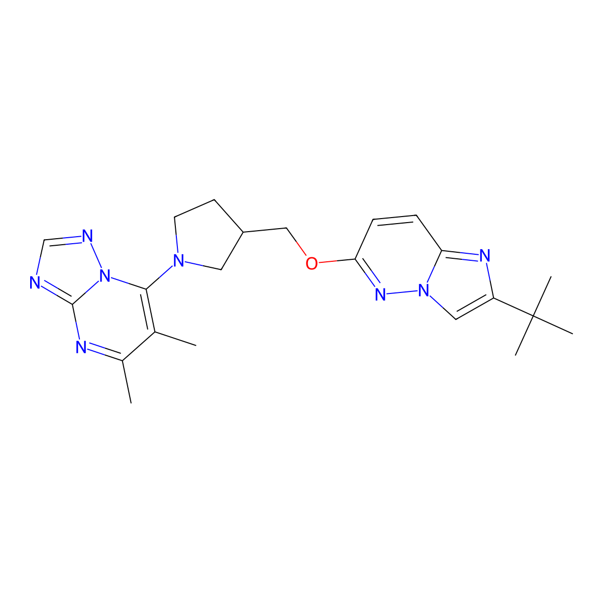 3-[({2-Tert-butylimidazo[1,2-b]pyridazin-6-yl}oxy)methyl]-1-{5,6-dimethyl-[1,2,4]triazolo[1,5-a]pyrimidin-7-yl}pyrrolidine molecular structure, CAS 2741910-15-4