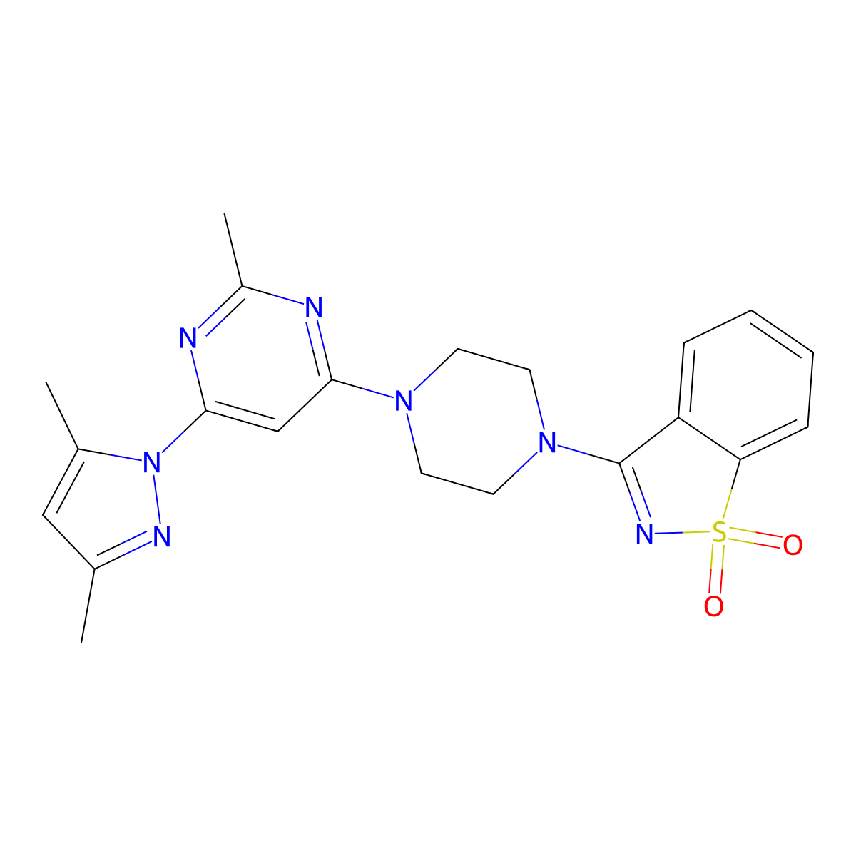 3-{4-[6-(3,5-dimethyl-1H-pyrazol-1-yl)-2-methylpyrimidin-4-yl]piperazin-1-yl}-1lambda6,2-benzothiazole-1,1-dione molecular structure, CAS 2741910-19-8