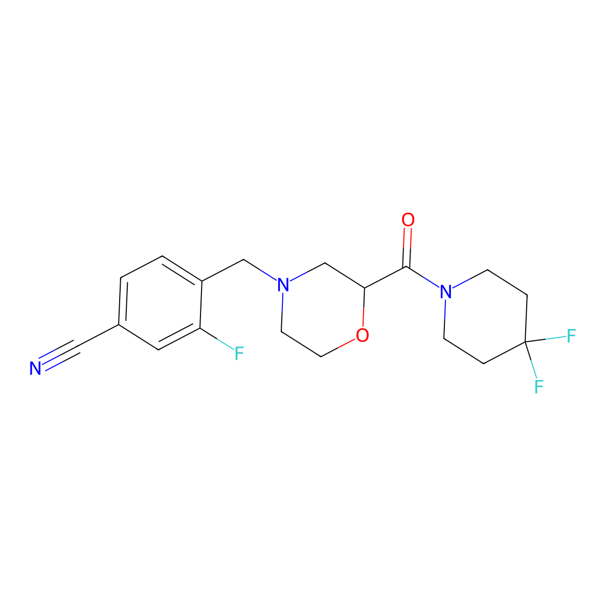 4-{[2-(4,4-Difluoropiperidine-1-carbonyl)morpholin-4-yl]methyl}-3-fluorobenzonitrile molecular structure, CAS 2741910-21-2