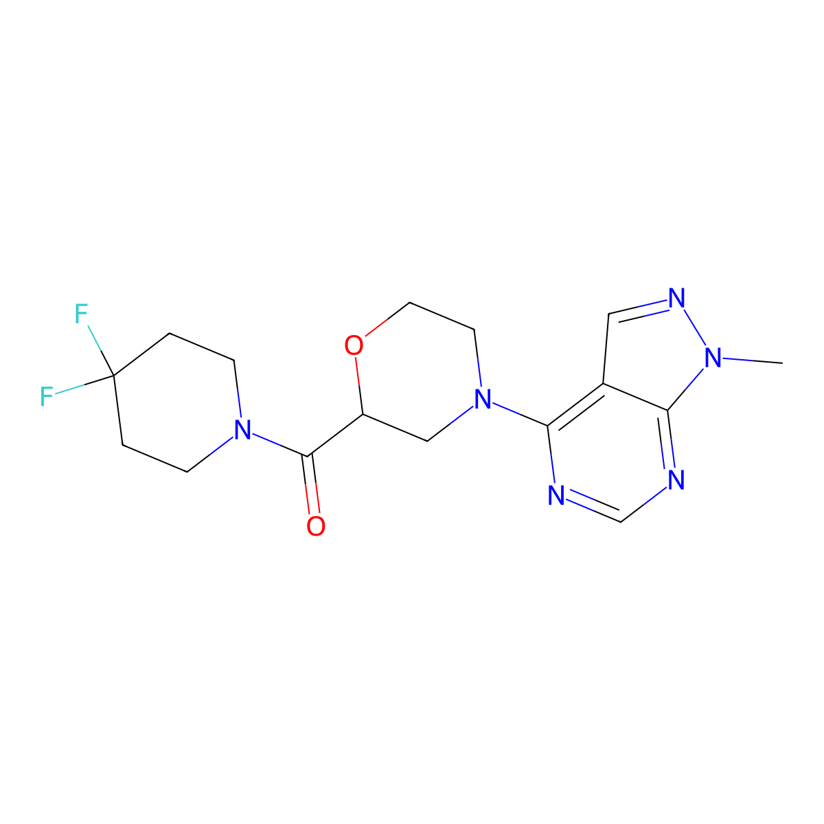 2-(4,4-difluoropiperidine-1-carbonyl)-4-{1-methyl-1H-pyrazolo[3,4-d]pyrimidin-4-yl}morpholine molecular structure, CAS 2741910-22-3