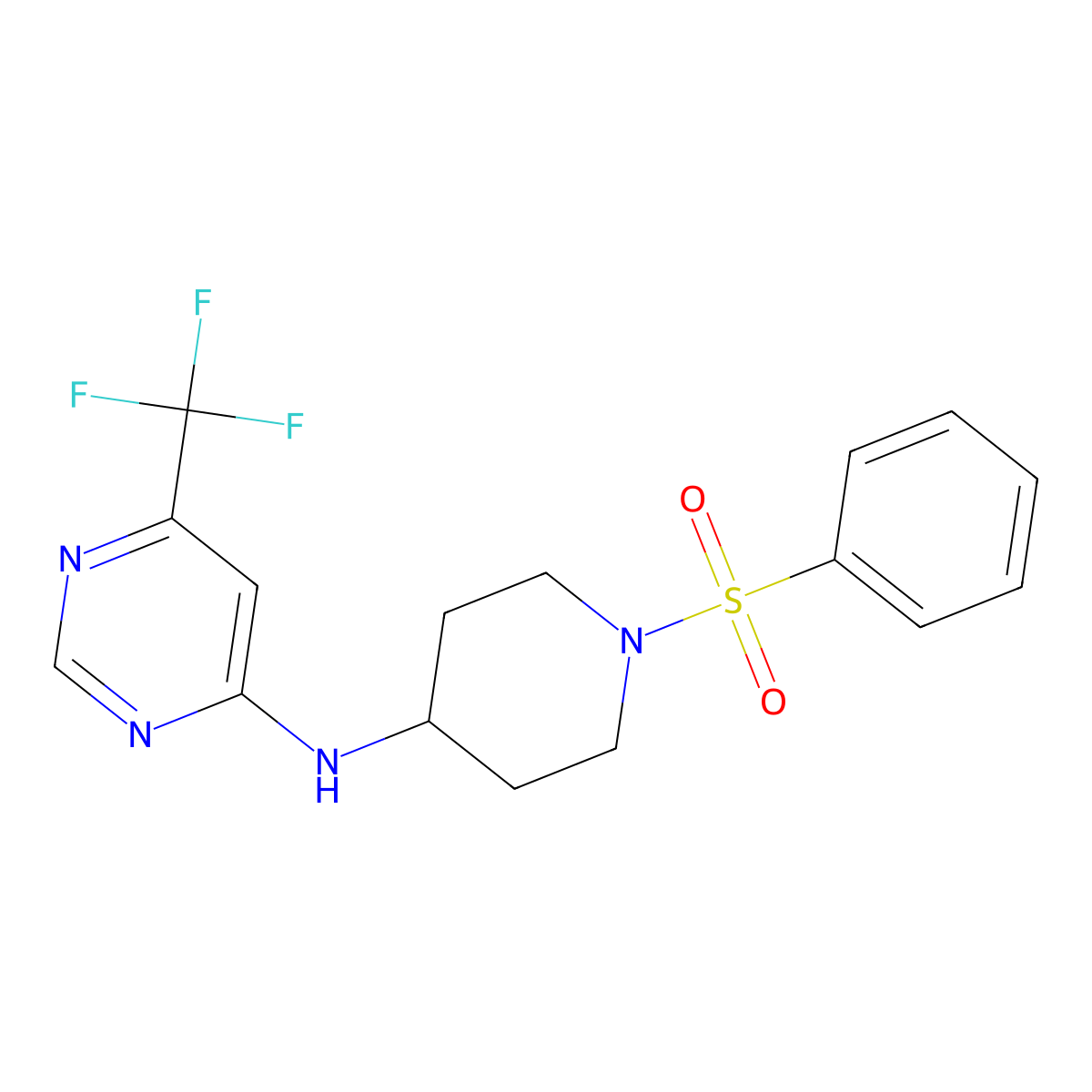 N-[1-(benzenesulfonyl)piperidin-4-yl]-6-(trifluoromethyl)pyrimidin-4-amine molecular structure, CAS 2741910-32-5