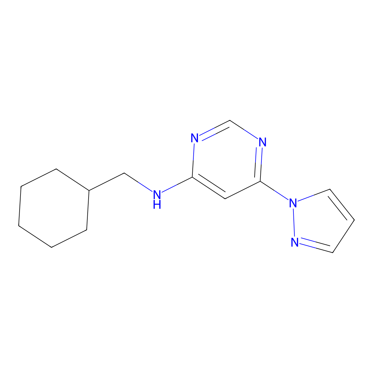 N-(cyclohexylmethyl)-6-(1H-pyrazol-1-yl)pyrimidin-4-amine molecular structure, CAS 2741910-37-0