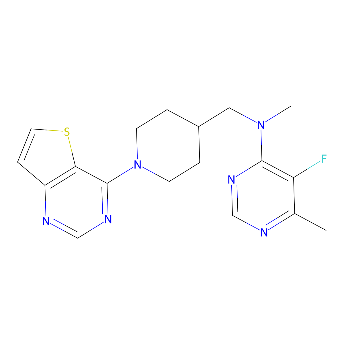5-fluoro-N,6-dimethyl-N-[(1-{thieno[3,2-d]pyrimidin-4-yl}piperidin-4-yl)methyl]pyrimidin-4-amine molecular structure, CAS 2741910-49-4