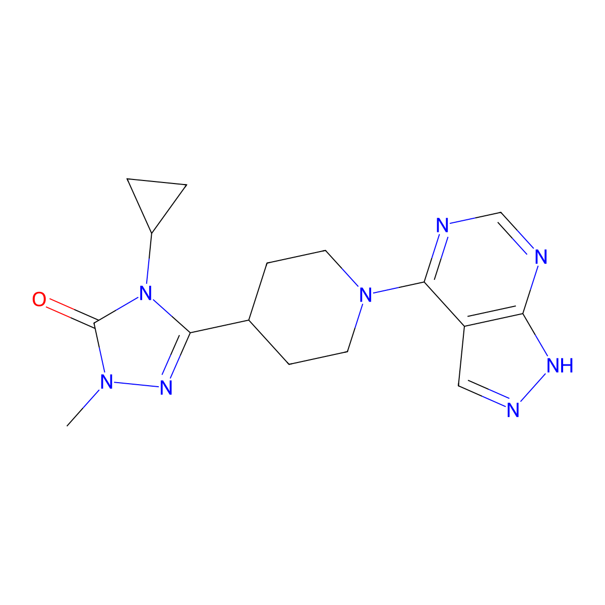 4-cyclopropyl-1-methyl-3-(1-{1H-pyrazolo[3,4-d]pyrimidin-4-yl}piperidin-4-yl)-4,5-dihydro-1H-1,2,4-triazol-5-one molecular structure, CAS 2741910-52-9