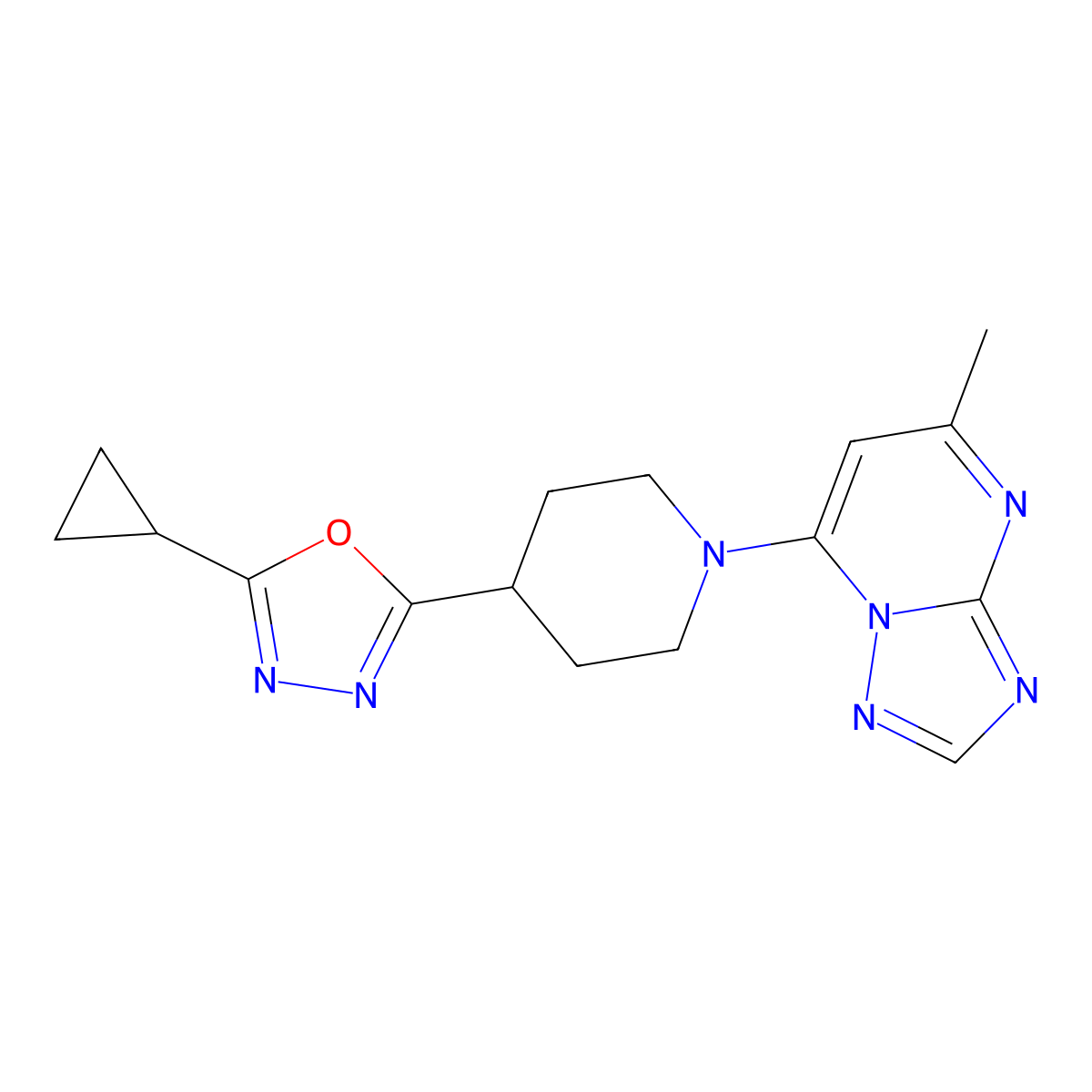 4-(5-Cyclopropyl-1,3,4-oxadiazol-2-yl)-1-{5-methyl-[1,2,4]triazolo[1,5-a]pyrimidin-7-yl}piperidine molecular structure, CAS 2741910-54-1