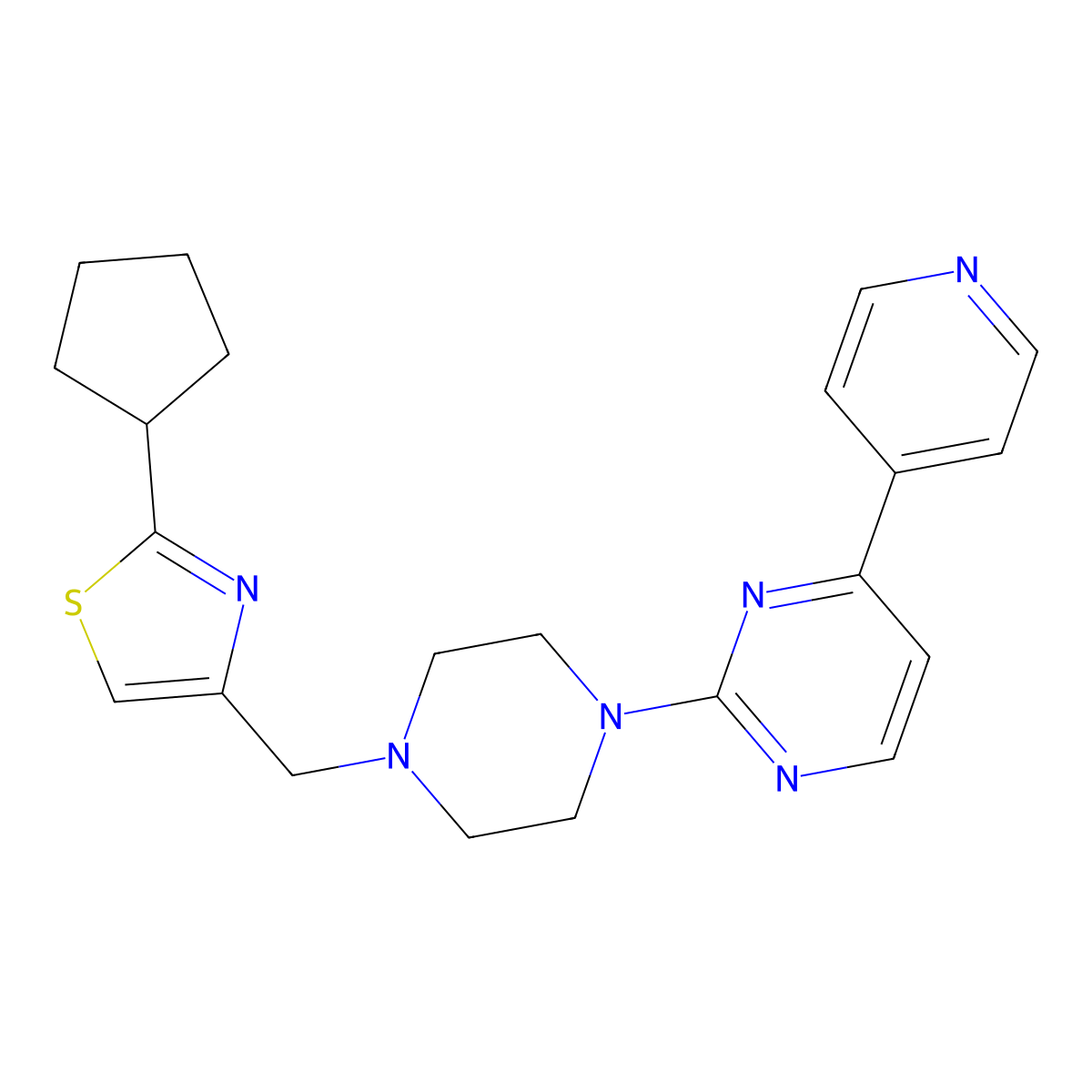 2-{4-[(2-Cyclopentyl-1,3-thiazol-4-yl)methyl]piperazin-1-yl}-4-(pyridin-4-yl)pyrimidine molecular structure, CAS 2741910-55-2